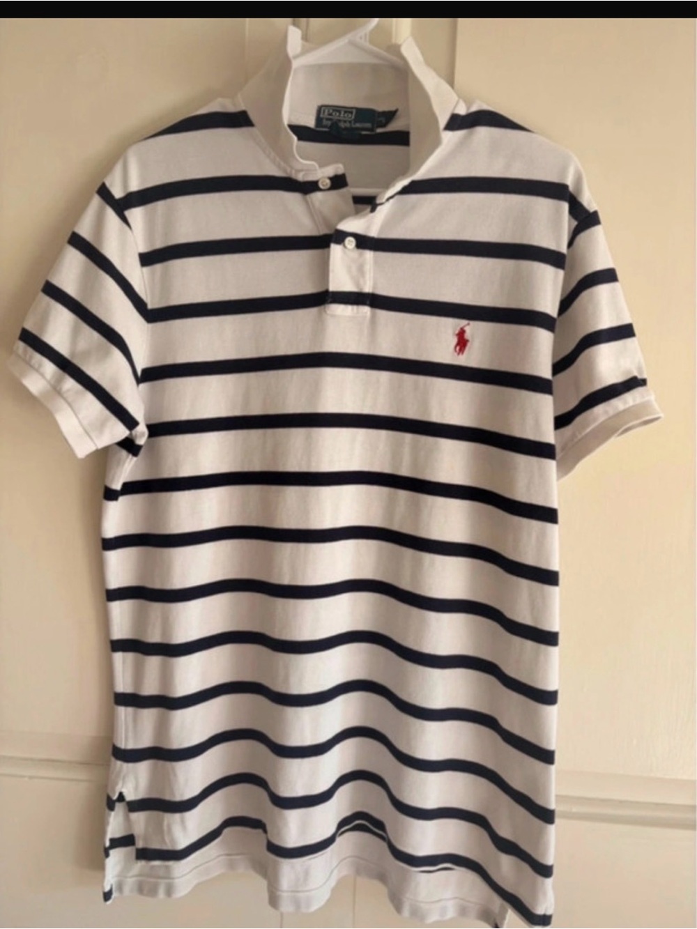 Vintage 90s Ralph Lauren White Polo with Navy Stripes and Red Logo